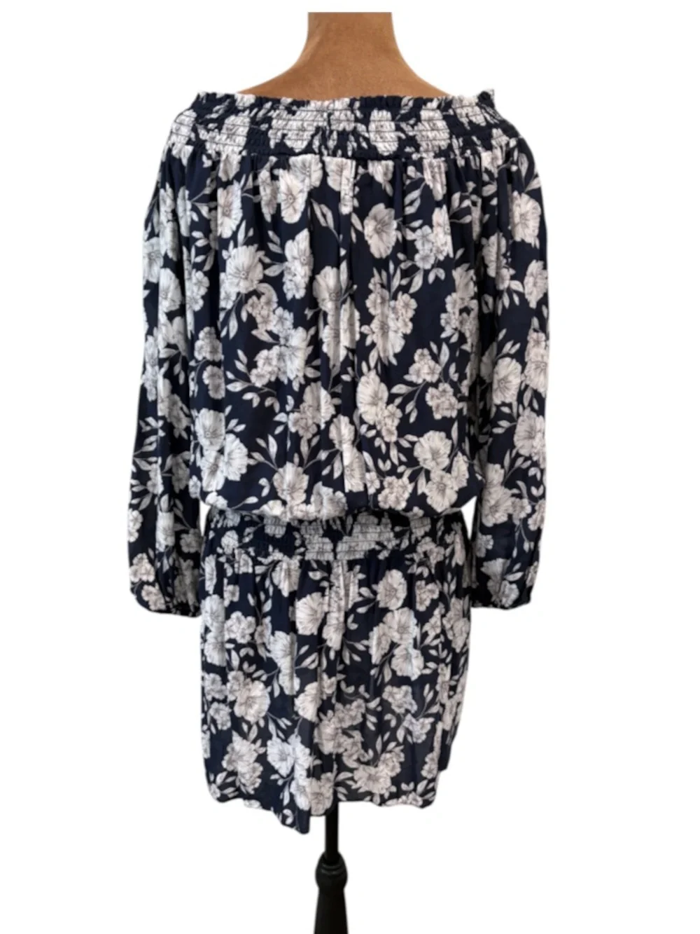 INTERMIX Emily Smocked Floral Off Shoulder Mini Dress Navy Boho Cottagecore  - M